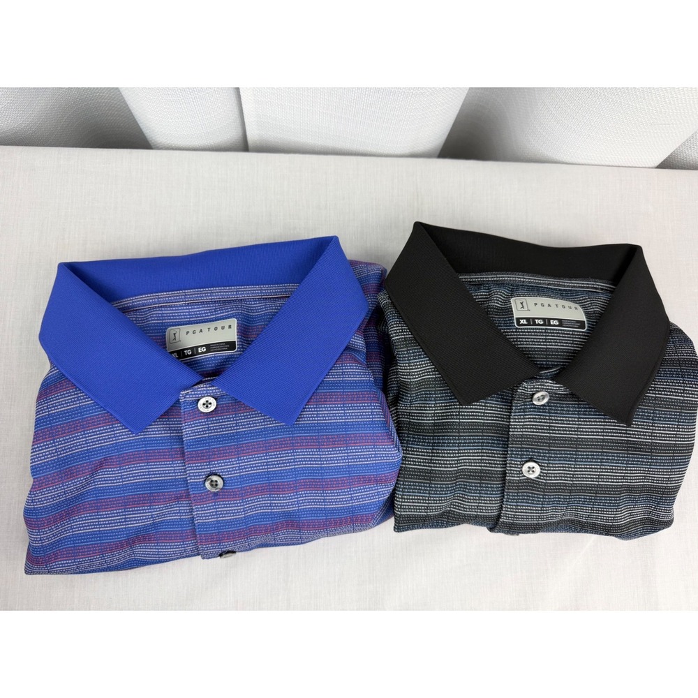 PGA Tour Mens Polo Shirt Lot of 2 XL Striped Short Sleeve Golf Performance Tops
